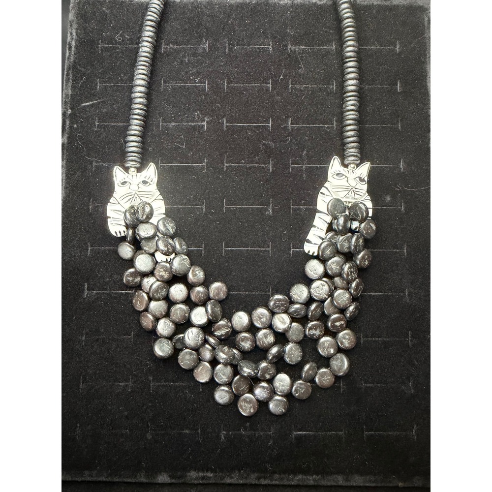 Black Cat Statement Necklace Multi Strand Beaded Art Jewelry Whimsical Boho